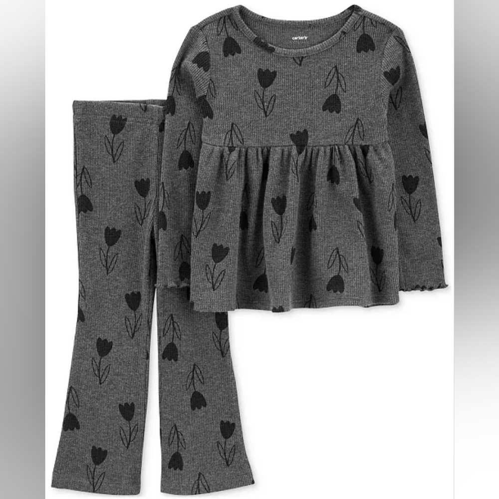 Carters Toddler Girls Floral-Print Thermal Top & Pants 2 Piece Set Grey 24months
